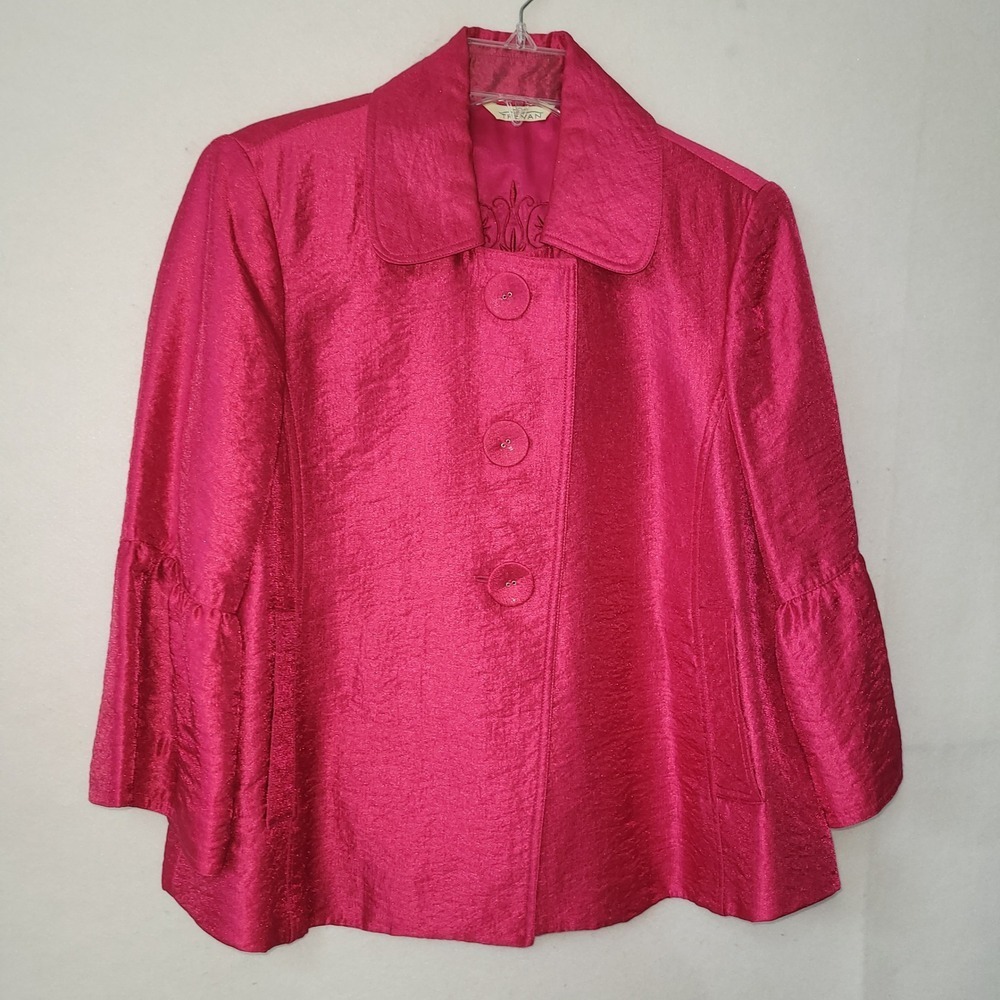 Trevan Jacket Blazer Womens 10 Pink Crinkle Textured Cropped 3/4 Bell Sleeve